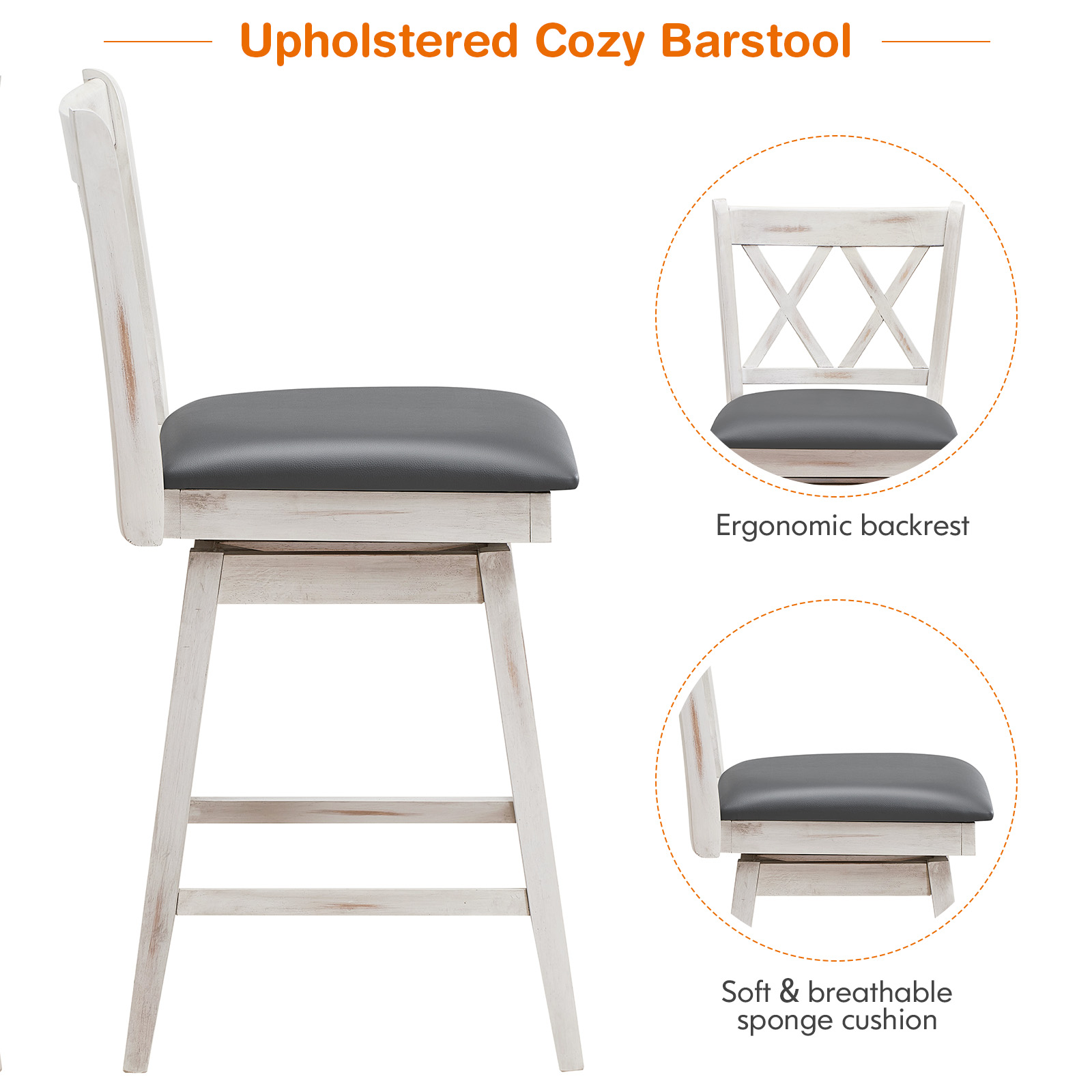 Costway Set of 4 Bar Stools Swivel Counter Height Chairs with Rubber Wood Legs - Picture 13 of 14