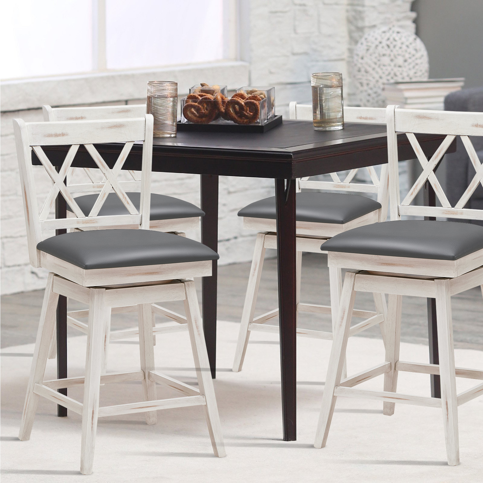Costway Set of 4 Bar Stools Swivel Counter Height Chairs with Rubber Wood Legs - Picture 11 of 14