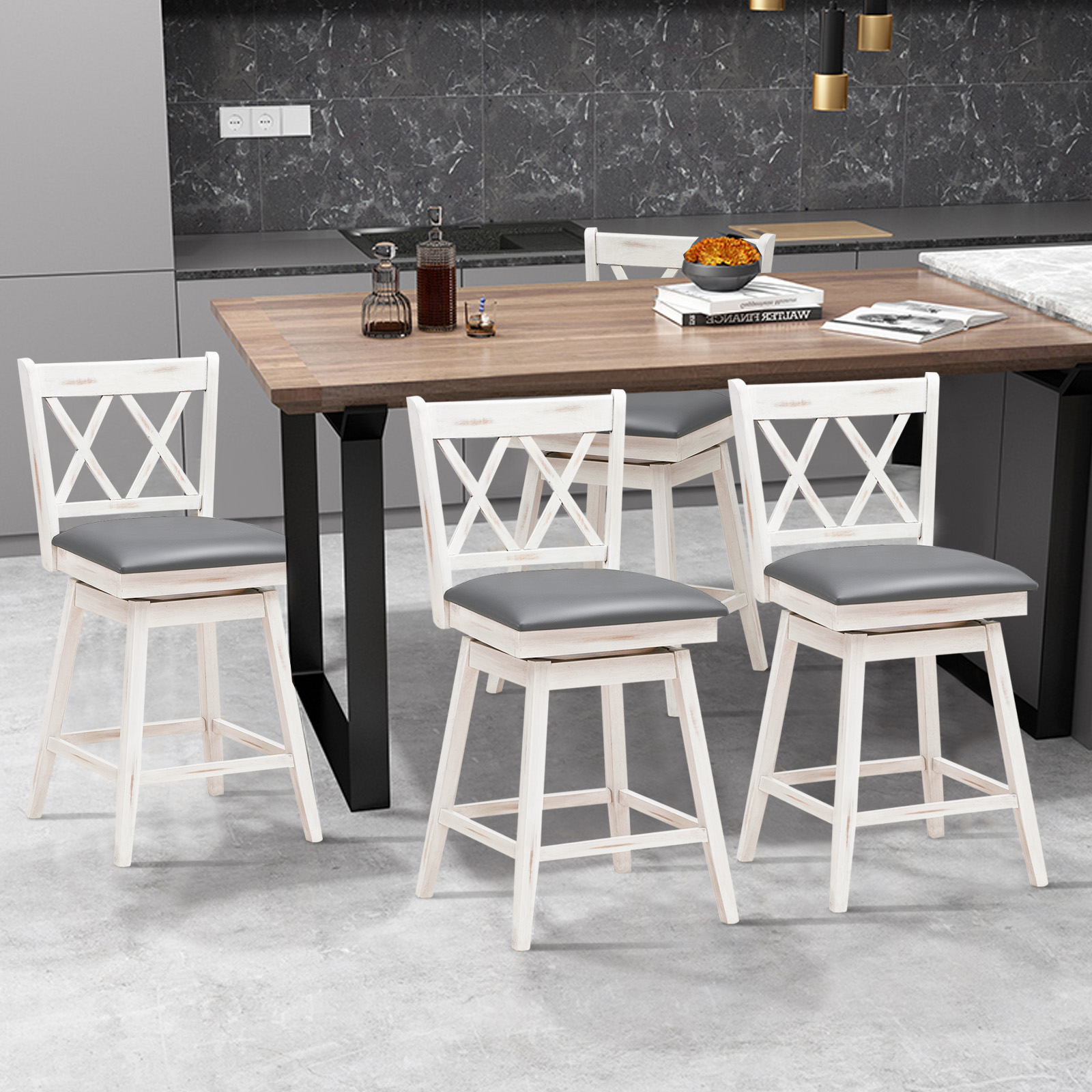 Costway Set of 4 Bar Stools Swivel Counter Height Chairs with Rubber Wood Legs - Picture 9 of 14