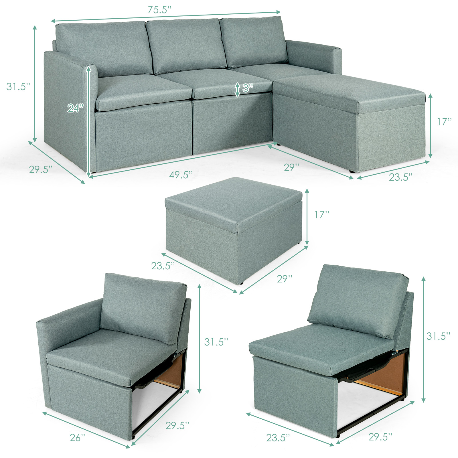 Giantex Convertible Sectional Sofa L-Shaped Couch Lounge with Reversible Chaise - Picture 19 of 24