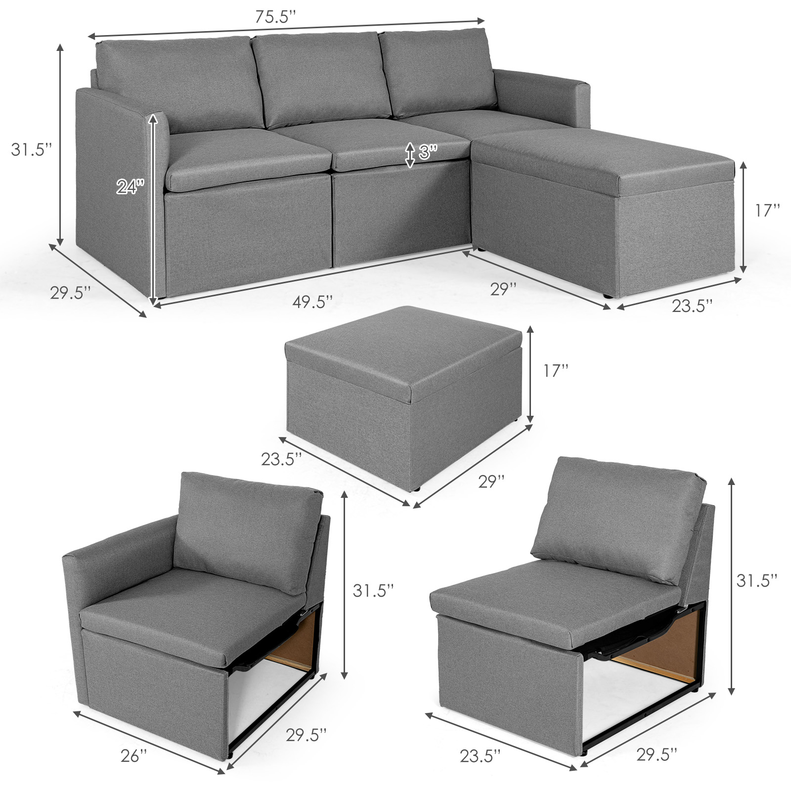 Giantex Convertible Sectional Sofa L-Shaped Couch Lounge with Reversible Chaise - Picture 12 of 24