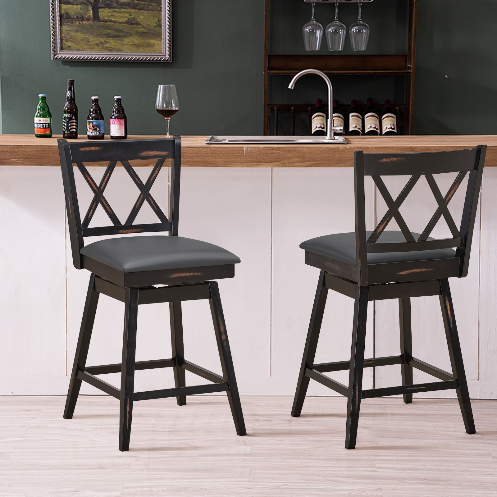Costway Set of 2 Bar Stools Swivel Counter Height Chairs with Rubber Wood Legs - Picture 5 of 14
