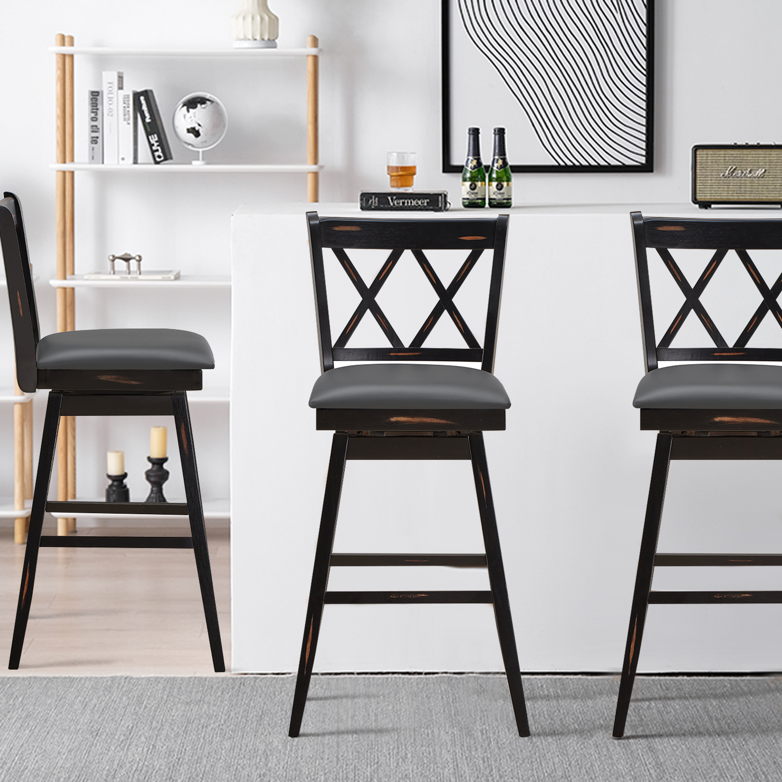 Costway Set of 2 Barstools Modern Swivel Bar Height Chairs w/ Rubber Wood Legs | eBay