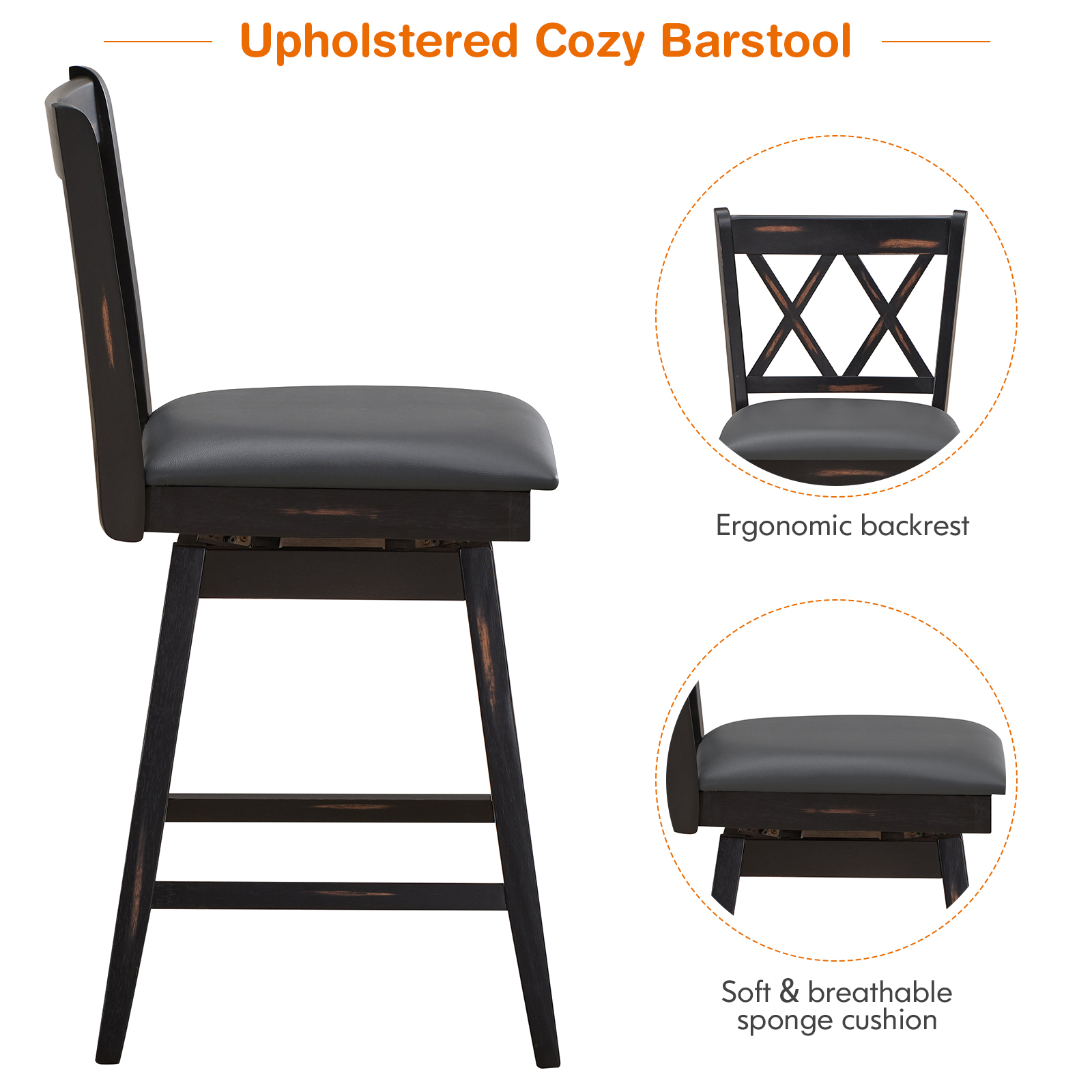 Costway Set of 4 Bar Stools Swivel Counter Height Chairs with Rubber Wood Legs - Picture 7 of 14