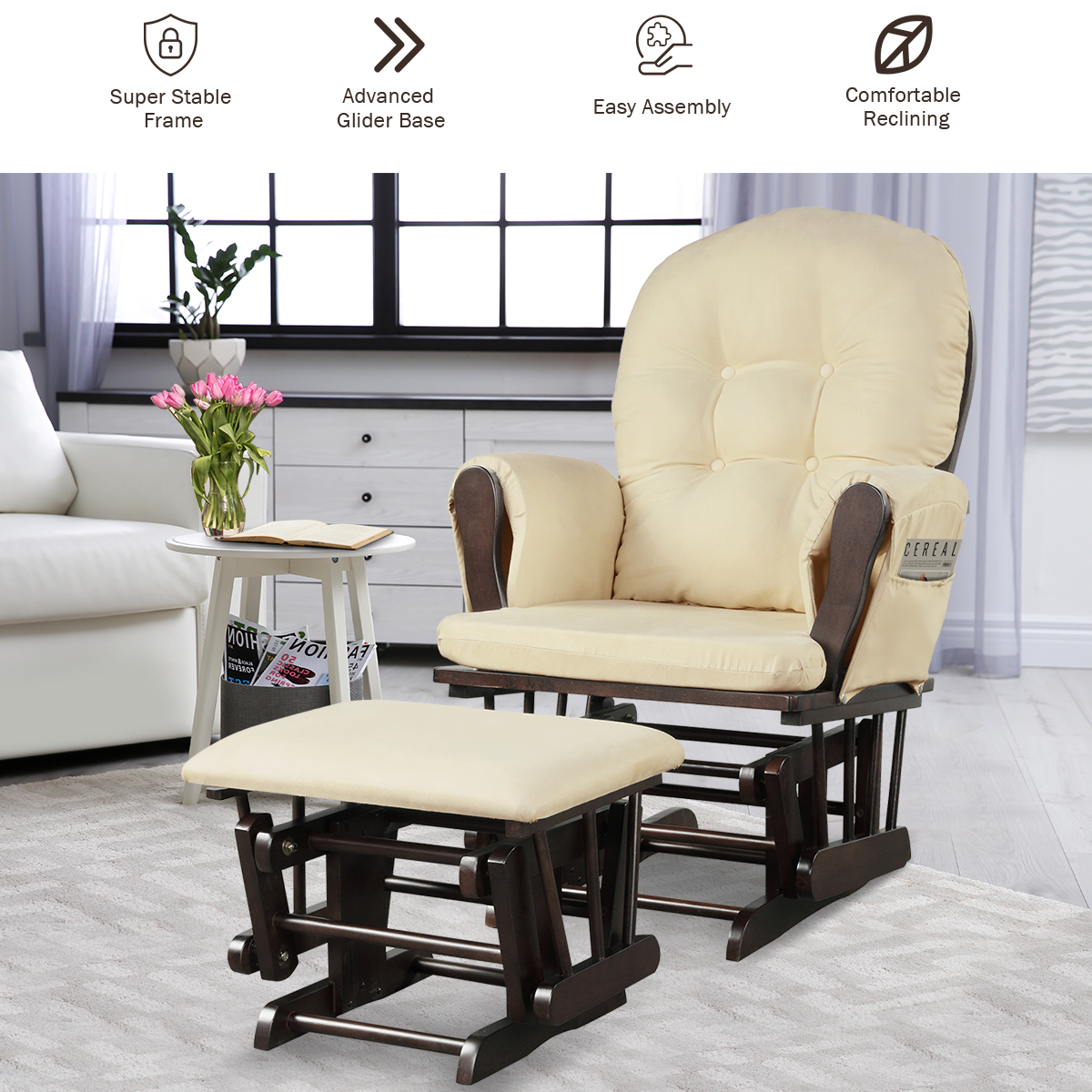 Costway Rocking Glider and Ottoman Cushion Set Wood Baby Nursery Rocker Chair - Picture 16 of 36