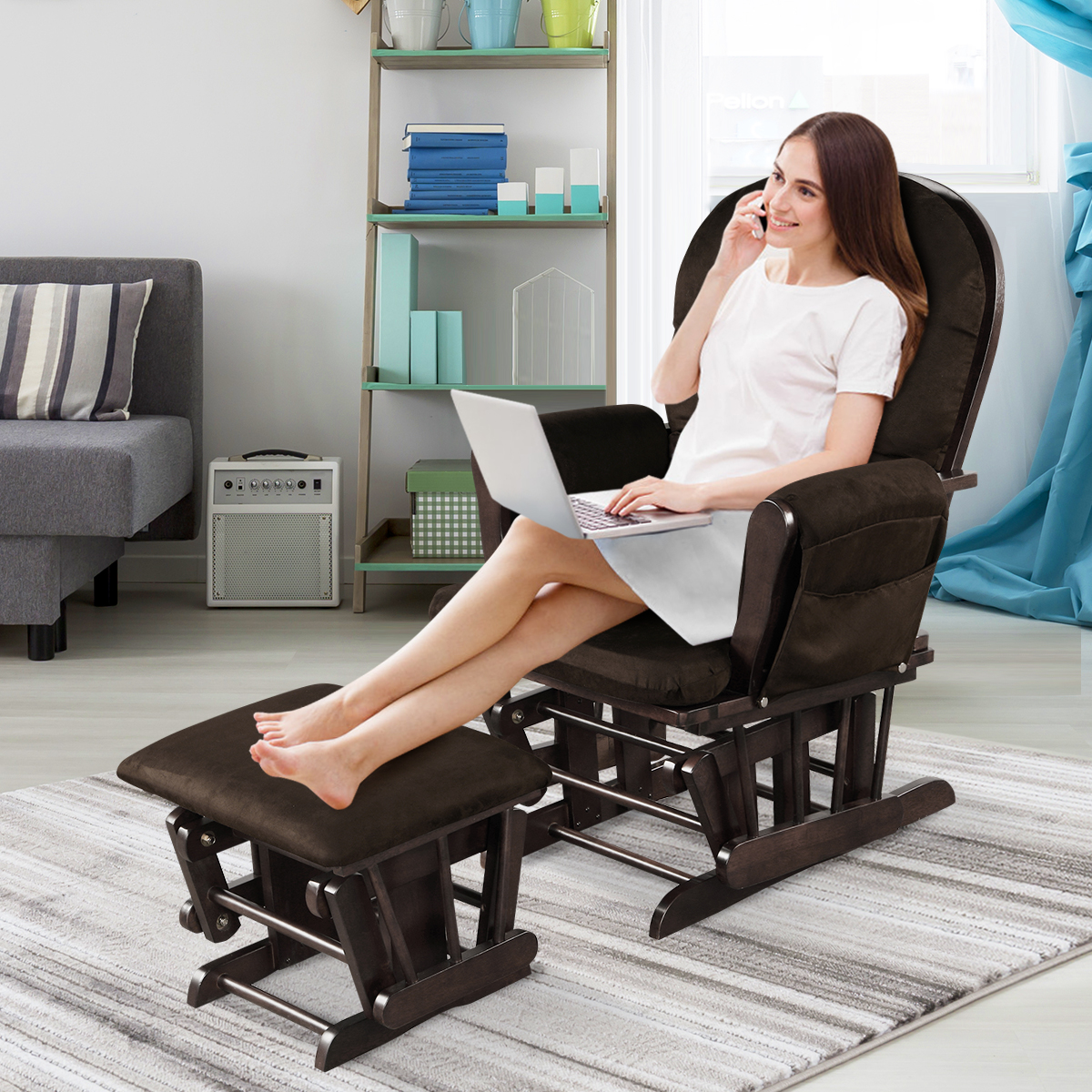 Costway Rocking Glider and Ottoman Cushion Set Wood Baby Nursery Rocker Chair - Picture 27 of 36